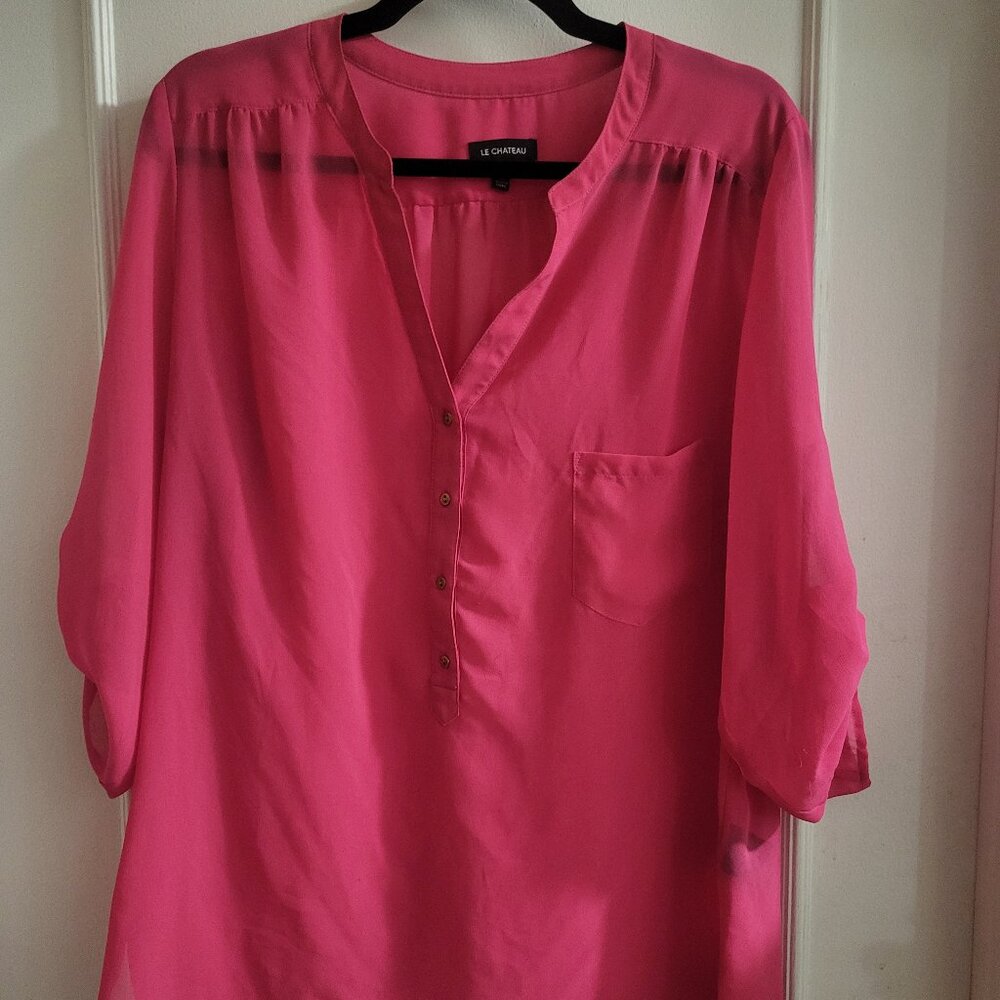 Le Château Pink Roll-Tab Sleeve Popover Blouse XL